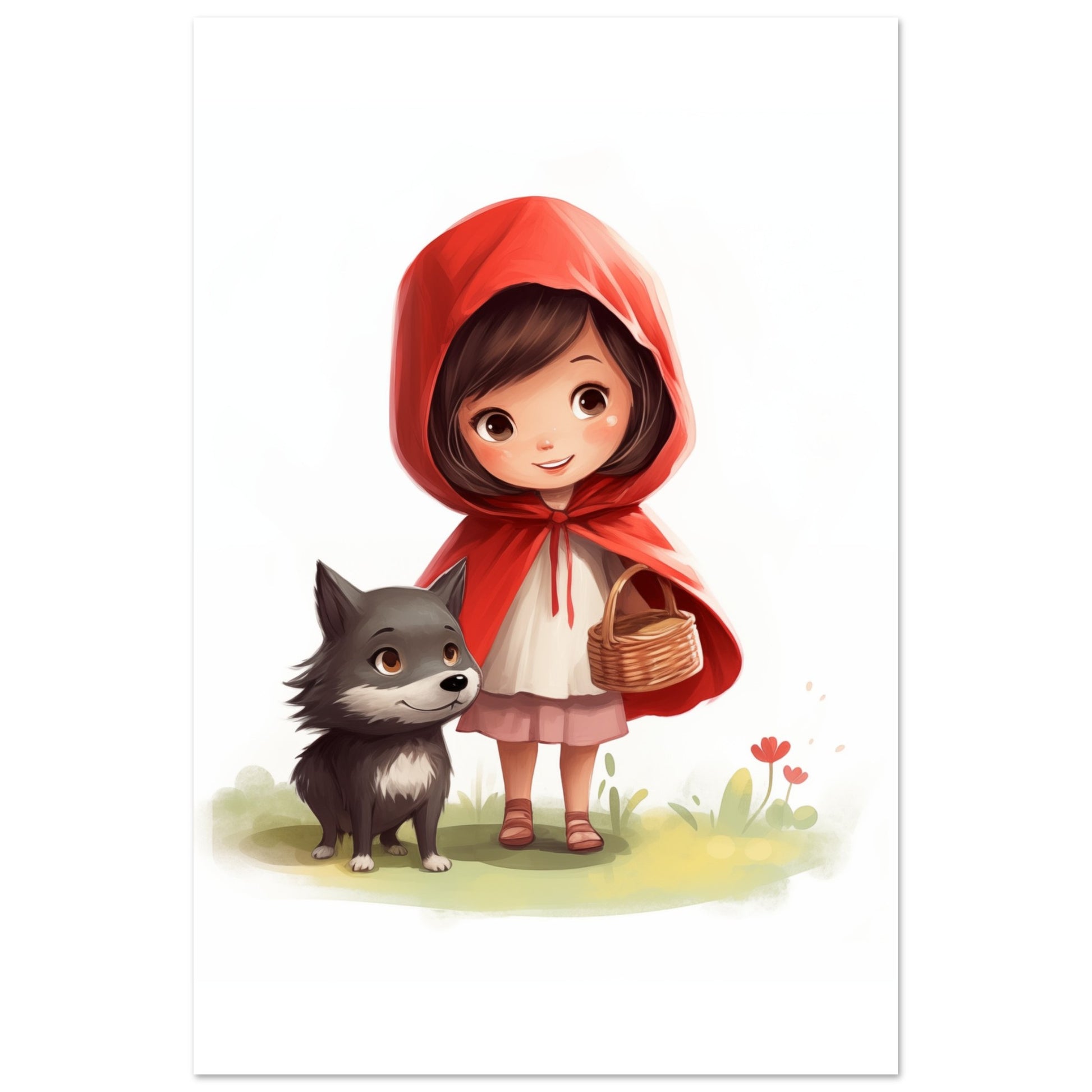 Poster „Ruby im Zauberwald“ mit Mädchen mit roter Kapuze und grauem Wolf, 60x90 cm