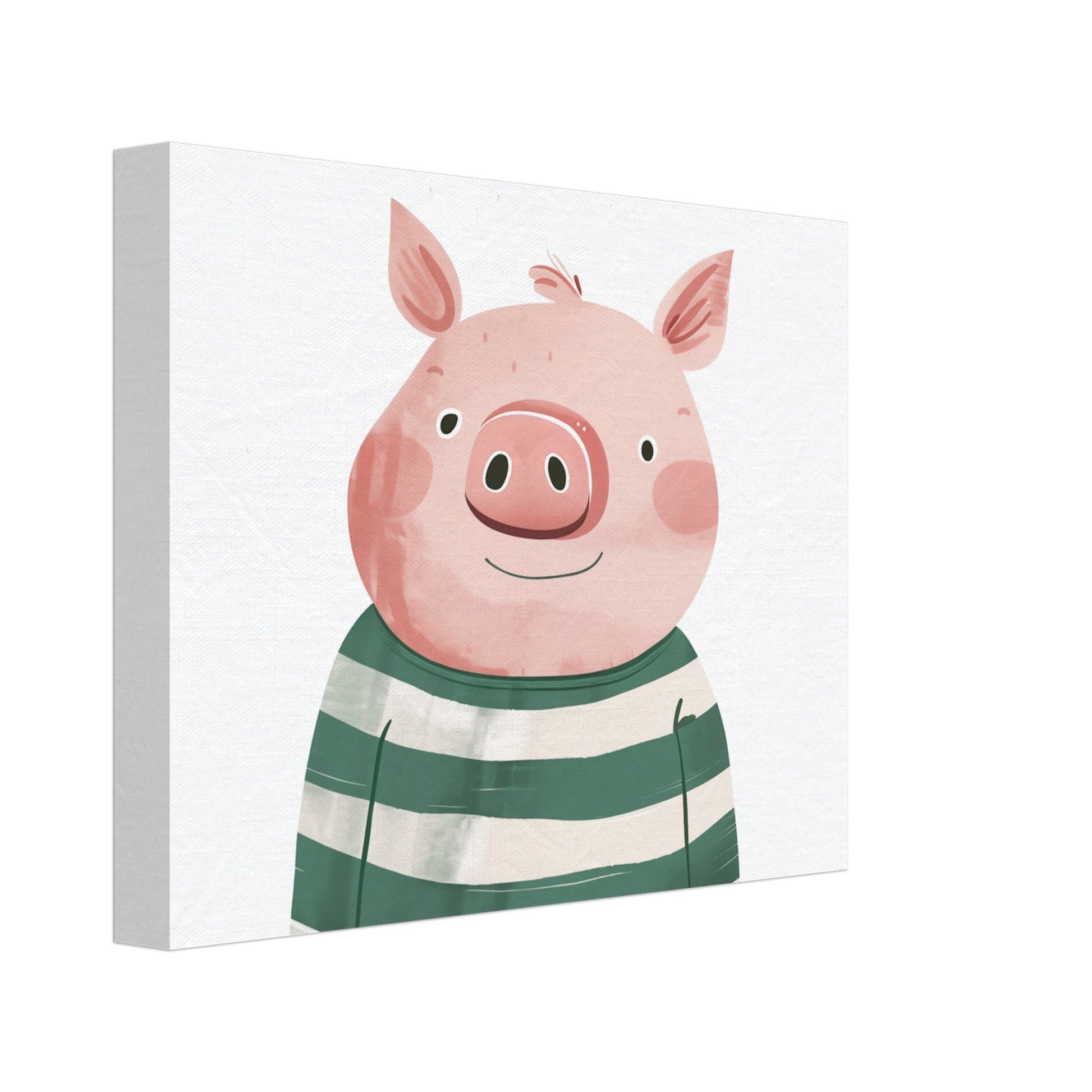 Leinwand „Hanky das fröhliche Schweinchen“ mit niedliches rosa Schweinchen im grün-weiß gestreiften Shirt auf hellem Grund, 20x25 cm