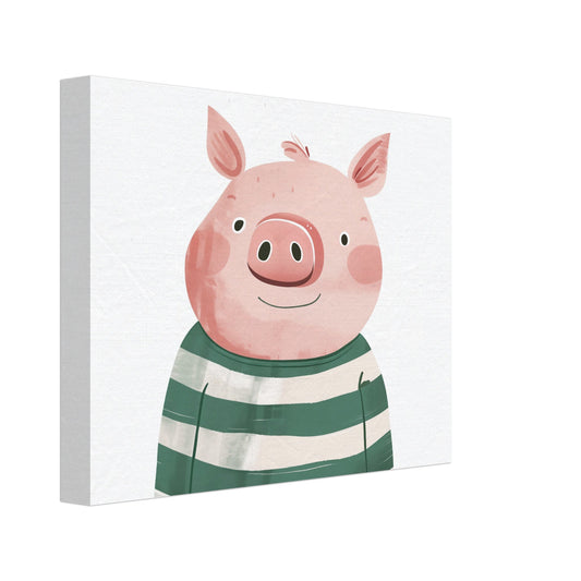 Leinwand „Hanky das fröhliche Schweinchen“ mit niedliches rosa Schweinchen im grün-weiß gestreiften Shirt auf hellem Grund, 20x25 cm