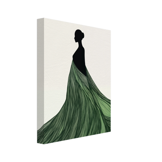Leinwand „Naturgewand“ mit Frauenkleid, das in grüne fließende Naturformen übergeht, 20x25 cm