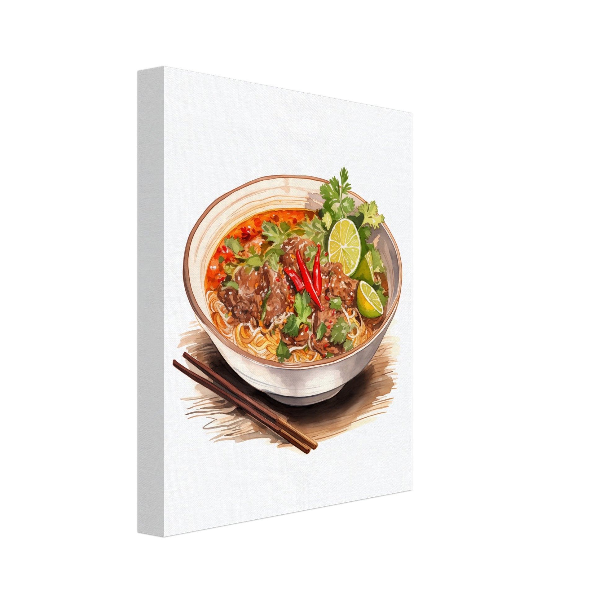 Leinwand „Thailändische Nudelsuppe“ mit thailändischer Nudelsuppe mit Limette, Chili und Kräutern, 20x25 cm