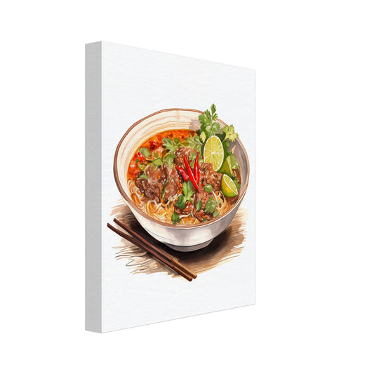 Leinwand „Thailändische Nudelsuppe“ mit thailändischer Nudelsuppe mit Limette, Chili und Kräutern, 20x25 cm