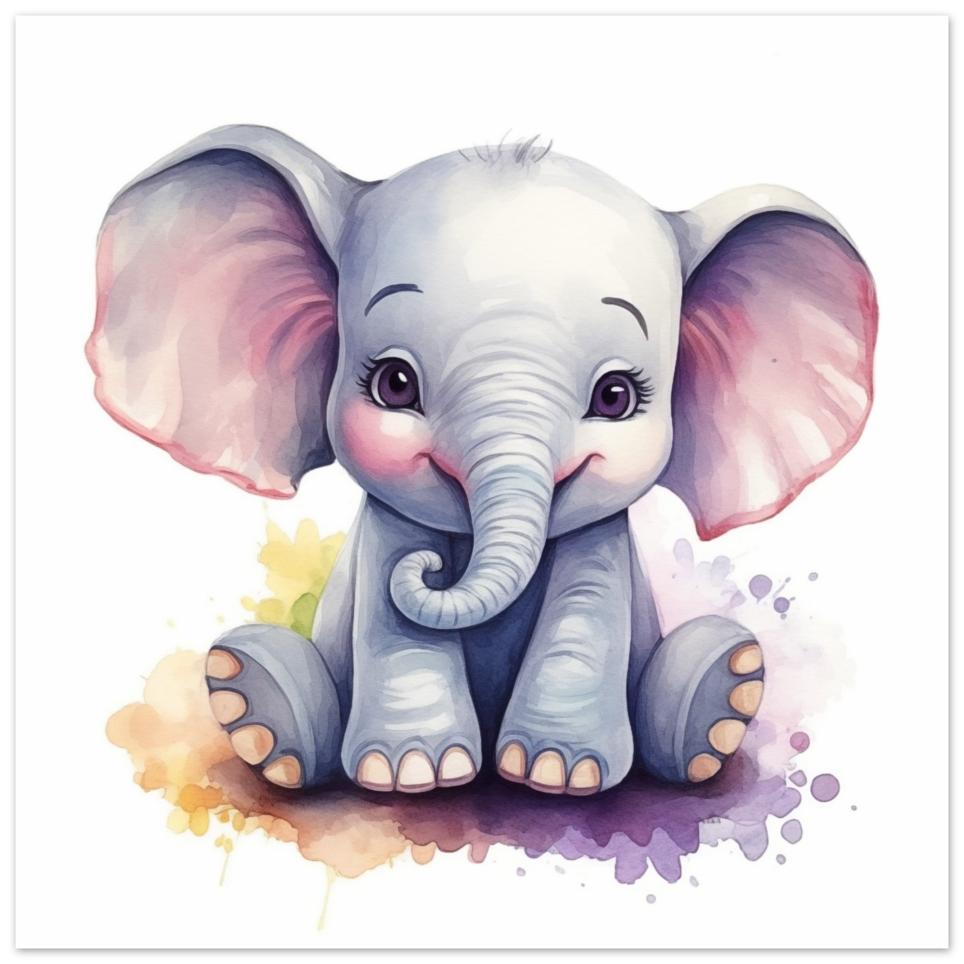 Poster „Elefant "Ellie"“ mit niedlicher grauer Babyelefant mit rosa Ohren und Aquarellspritze, 30x30 cm