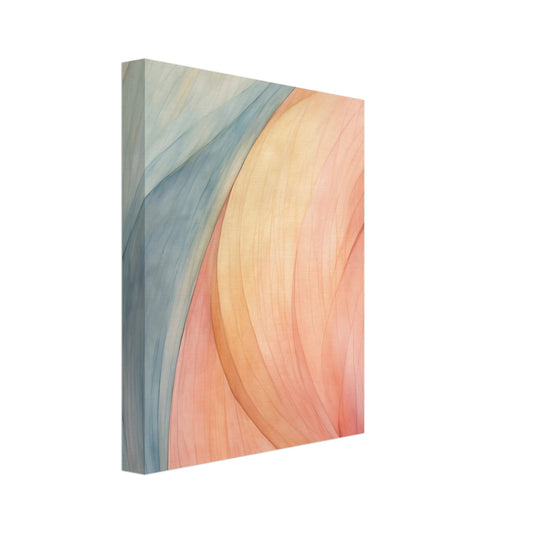 Leinwand „Herzschlag der Natur“ mit abstrakte, weich geschwungene Farbbahnen in Apricot, Altrosa und Salbeigrün, 20x25 cm