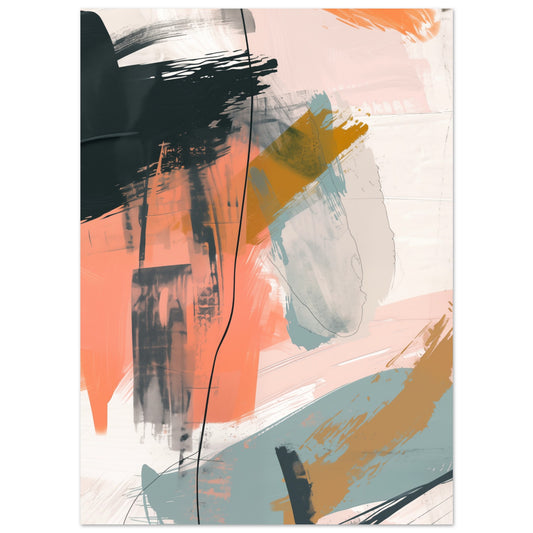 Poster „Abstrakte Pastellkunst“ mit abstrakten Pinselstrichen in Apricot, Petrol, Schwarz und Creme, 13 × 18 cm
