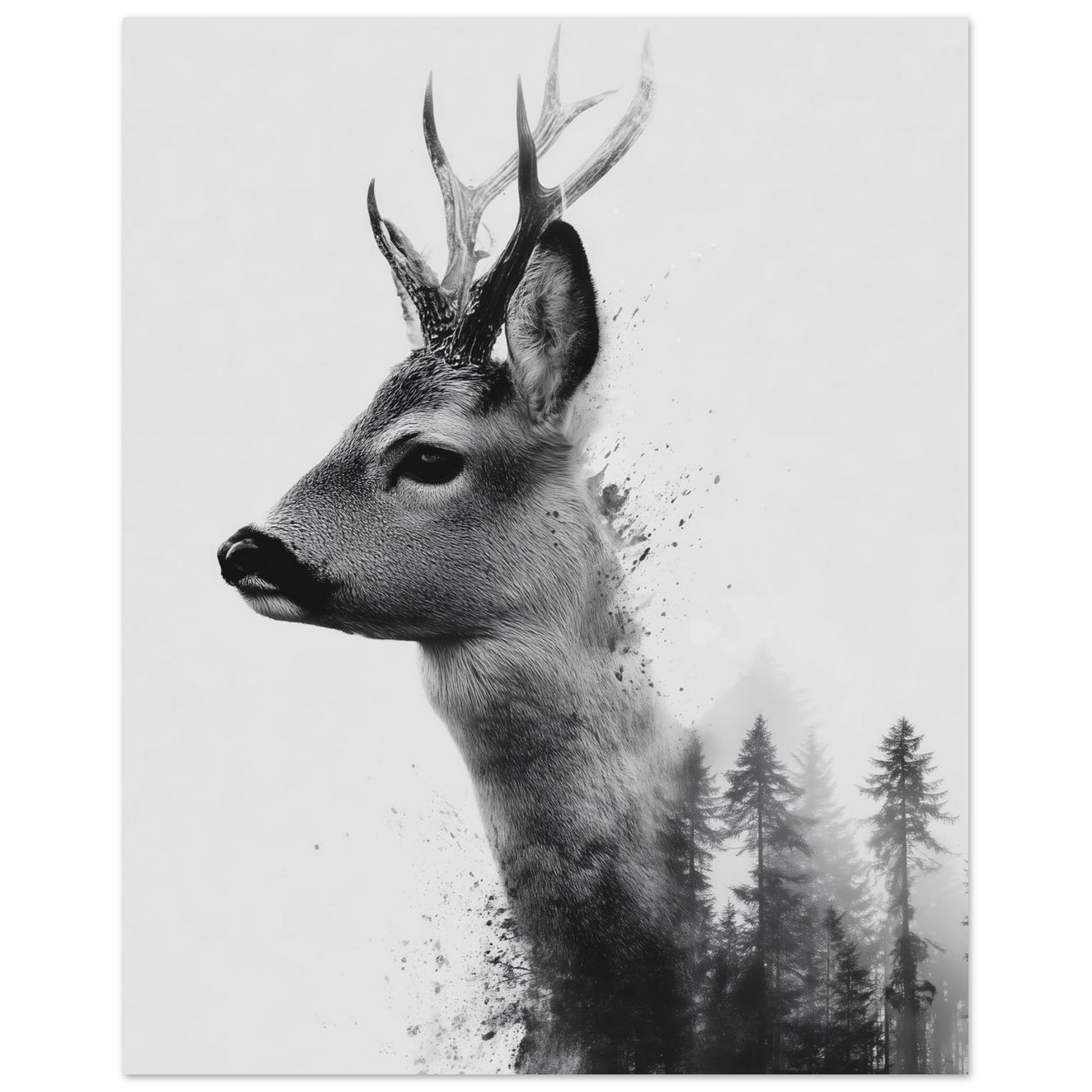 Wandbild „Reh & Wald , Doppelbelichtung in Schwarzweiß“ mit Rehprofil mit dunklem Nadelwald als Schwarzweiß-Doppelbelichtung, 20x25 cm