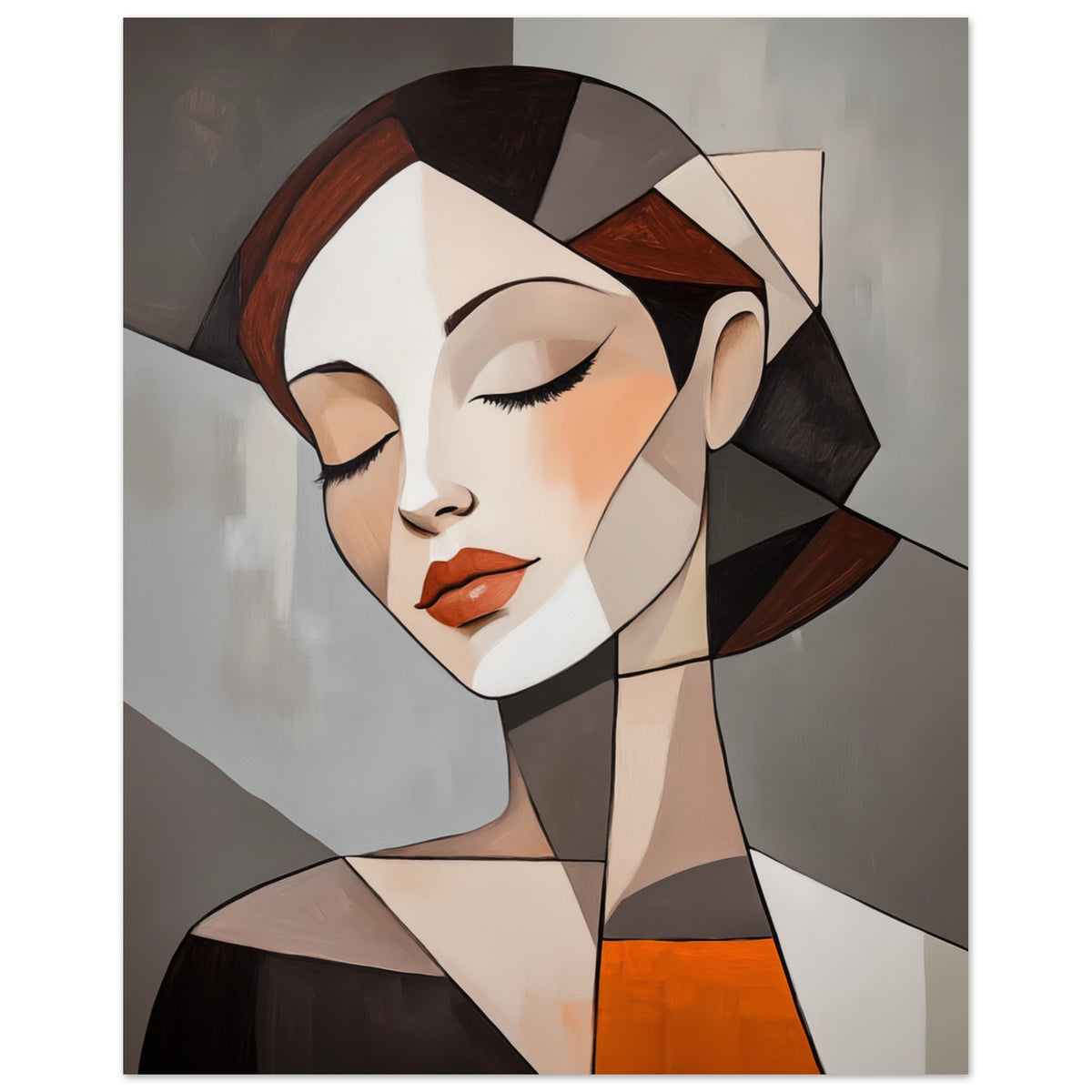 Poster „Geometrisches Porträt einer Frau“ mit geometrisches Frauenporträt in Schwarz, Braun, Creme, Grau und Orange, 40x50 cm