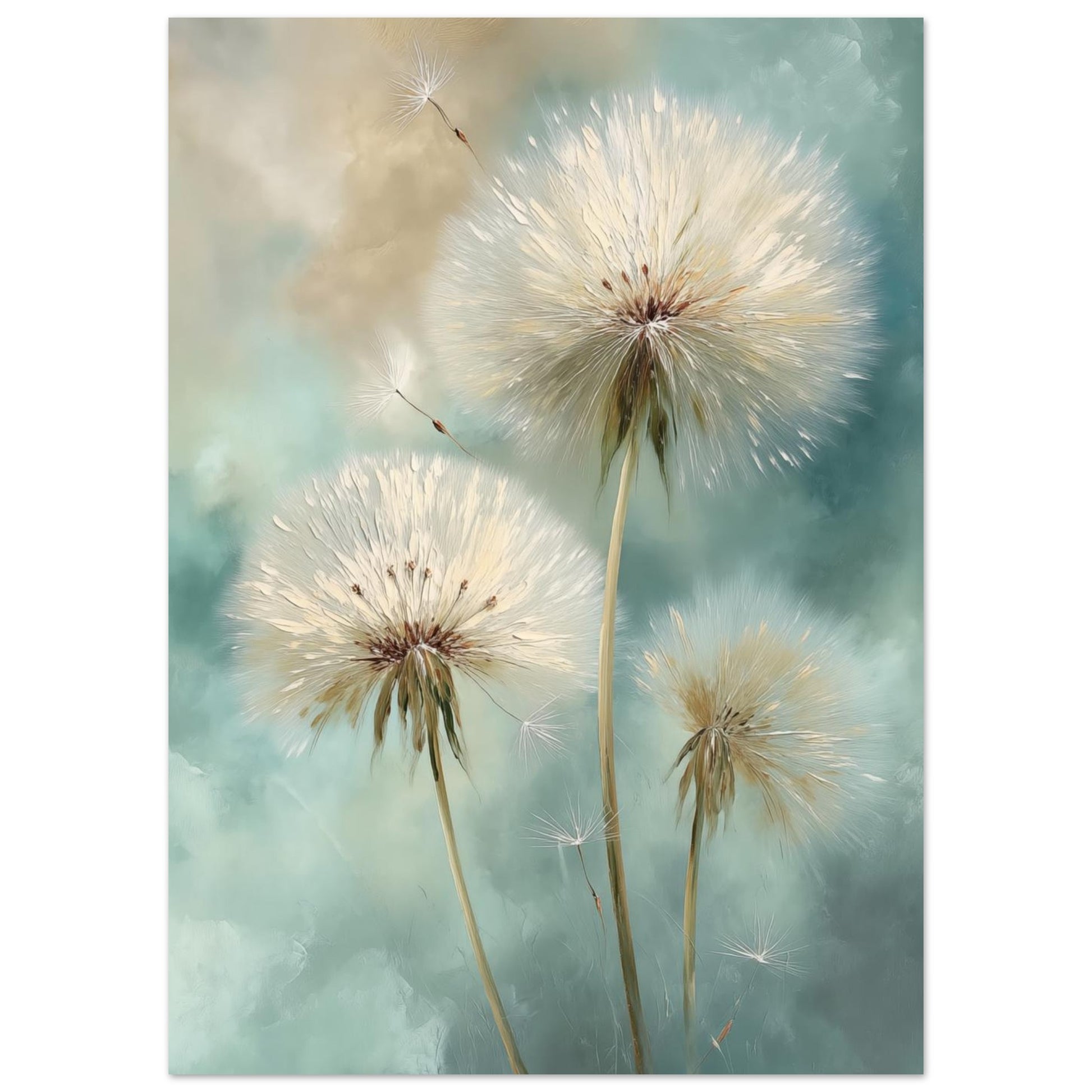 Wandbild „Pusteblumen im Wind“ mit drei Pusteblumen vor Hintergrund in Mint, Creme und Sand, 50x70 cm