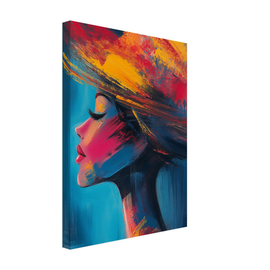 Leinwand „Abstrakte Eleganz in lebendigen Farben“ mit abstraktem Frauenporträt in Petrol, Rot, Gelb und Schwarz, 30 × 40 cm