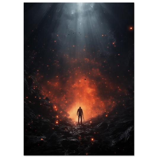 Poster „Caius“ mit einsamer Fantasywanderer vor glühender Aschelandschaft unter dunklem Himmel, Format 13 × 18 cm