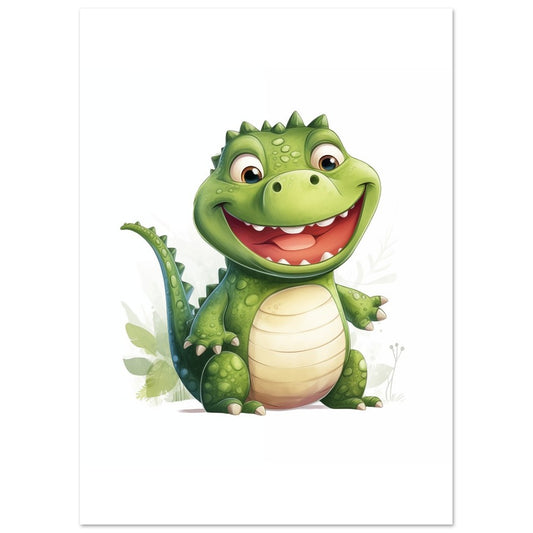 Poster „Krokodil "Kasper"“ mit niedliches grünes Krokodil mit großem Lächeln auf hellem Grund, 13x18 cm
