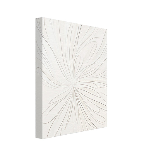 Leinwand „Feathery Lines“ mit feine botanische Linienzeichnung einer Blüte in warmem Beige auf hellem Grund, 20x25 cm