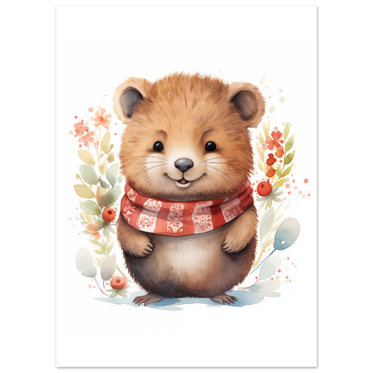 Poster „Quokka "Bella"“ mit Quokka mit kariertem Schal und kleinen Blüten, 13x18 cm