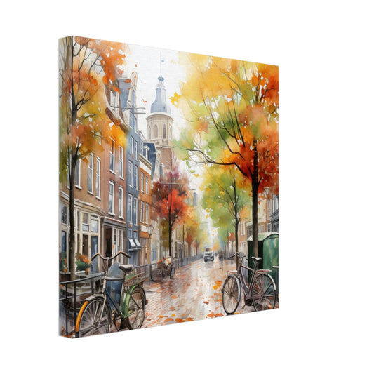 Leinwand „Herbstliche Fahrradallee“ mit herbstlicher Fahrradstraße mit Häusern und Bäumen in Aquarelloptik, 30x30 cm
