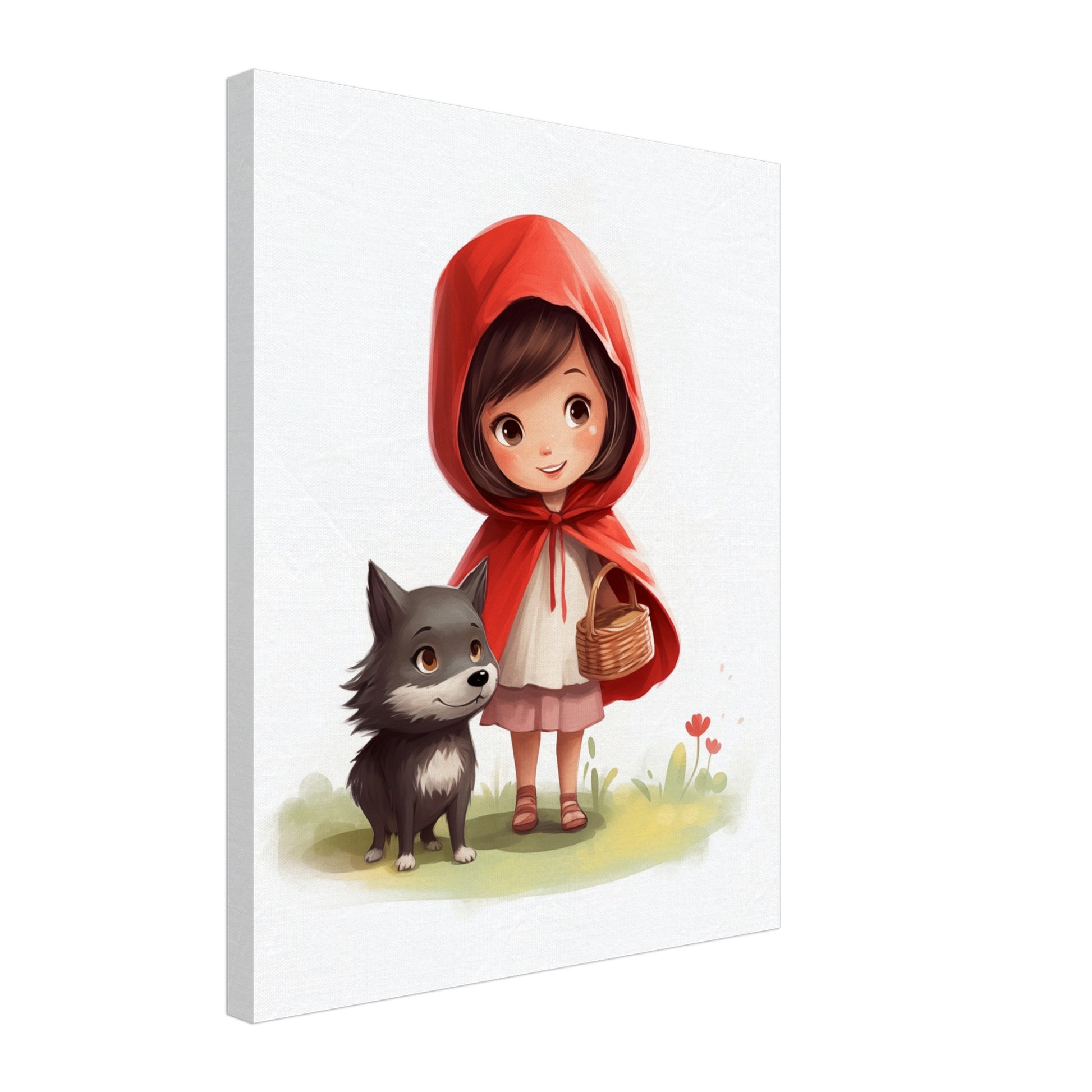 Leinwand „Ruby im Zauberwald“ mit Mädchen mit roter Kapuze und grauem Wolf, 40x50 cm