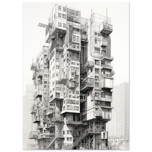 Poster „Urban Labyrinth“ mit surrealem Hochhaus aus gestapelten Balkonen in Schwarzweiß, 13x18 cm