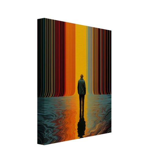 Leinwand „The Path Beyond“ mit einsamer Figur vor leuchtendem Farbkorridor, 20x25 cm