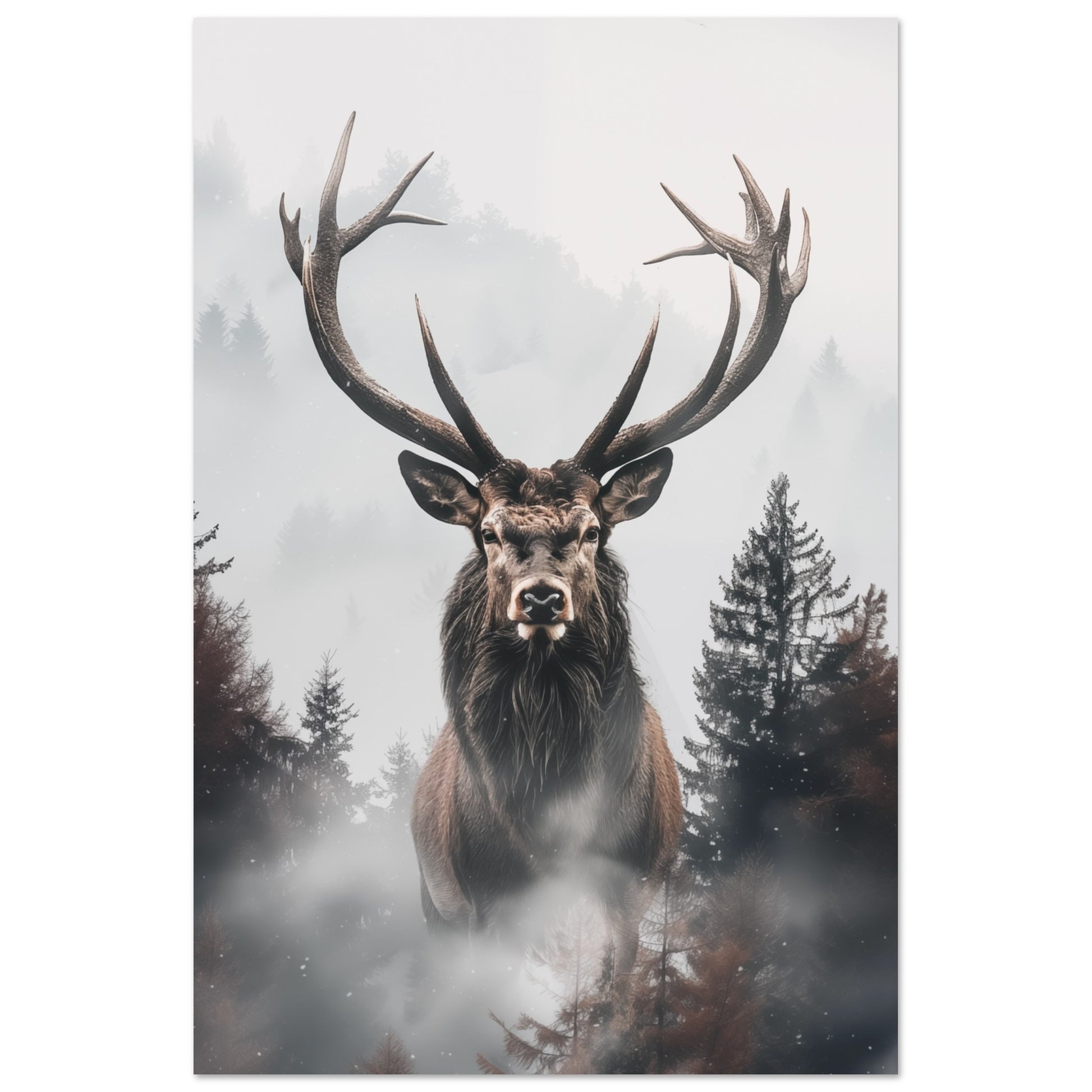 Wandbild „Hirsch im Nebelwald“ mit Hirschporträt mit dunklem Nadelwald und Nebel als atmosphärische Doppelbelichtung, 60x90 cm