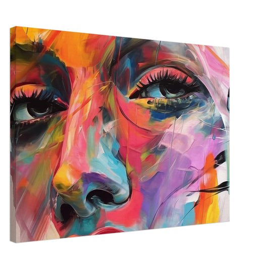 Leinwand „Chromatische Harmonie“ mit expressives Frauenporträt aus kräftigen Türkis, Rosa, Orange und Gelbtönen, Format 50 × 70 cm