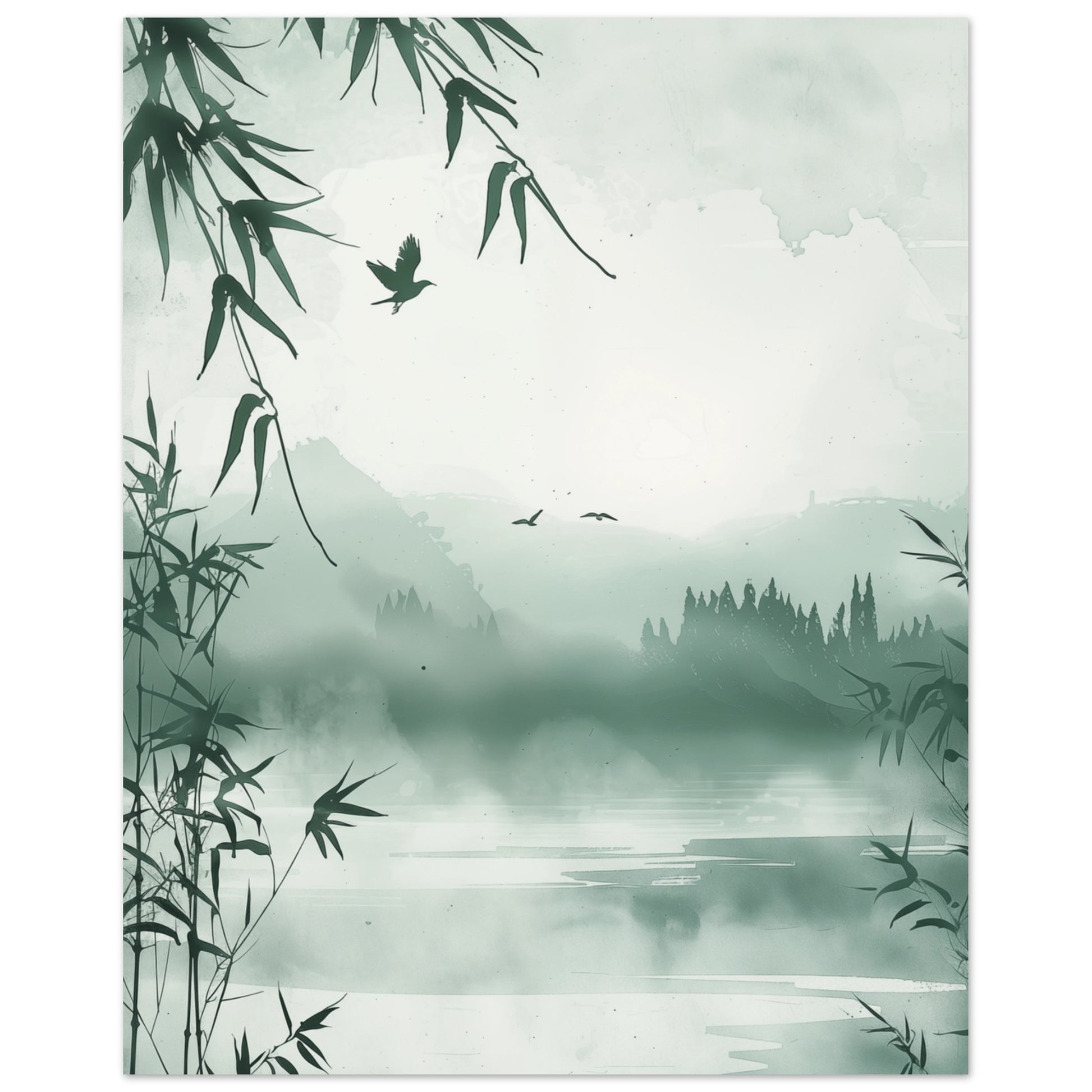 Wandbild „Nebel im Bambuswald“ mit neblige Bambuslandschaft in blassem Grün, Grau und Weiß, 40x50 cm