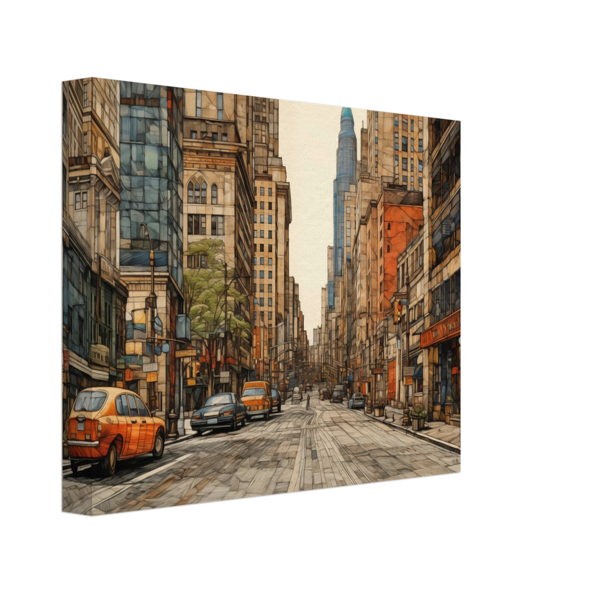 Leinwand „Urban Echoes“ mit urbaner Straßenszene mit Hochhäusern und gelbem Taxi, 20x25 cm