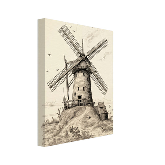 Leinwand „Haverbeck-Mühle“ mit historischer Windmühle als detailreiche Schwarzweiß-Zeichnung, 20x25 cm
