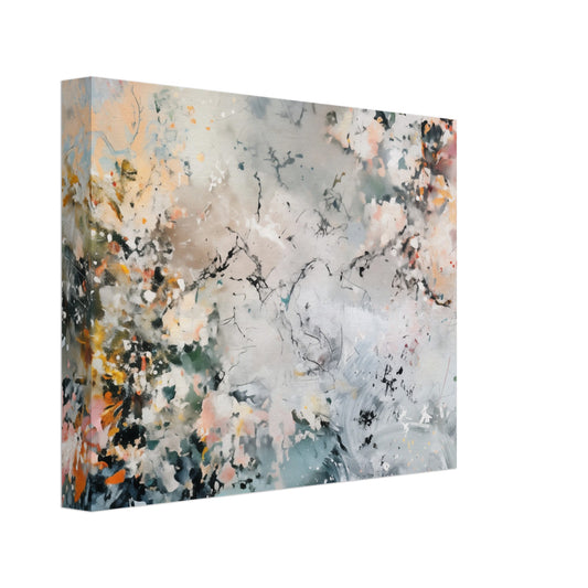 Leinwand „Nebelhauch“ mit abstrakte Farbspritzer und Strukturen in Grau, Weiß, Orange und Schwarz, 20x25 cm