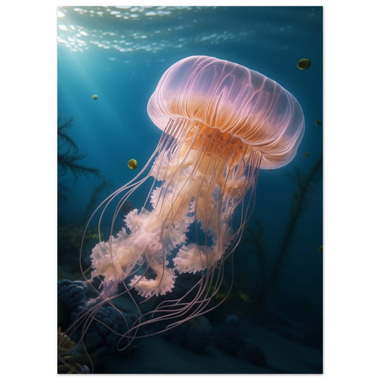 „Tanz der Tiefsee“ als Poster mit leuchtender Qualle im tiefblauen Meer, 13x18 cm