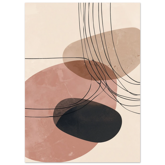 Poster „Abstrakte Formen“ mit organischen Formen in Rosé, Beige und Schwarz mit feinen Linien, 13 × 18 cm