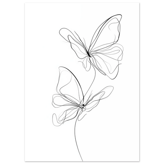 Poster „Federleicht , Schmetterlinge in Linie“ mit zwei filigrane Schmetterlinge als minimalistische schwarze Linienzeichnung, 13x18 cm