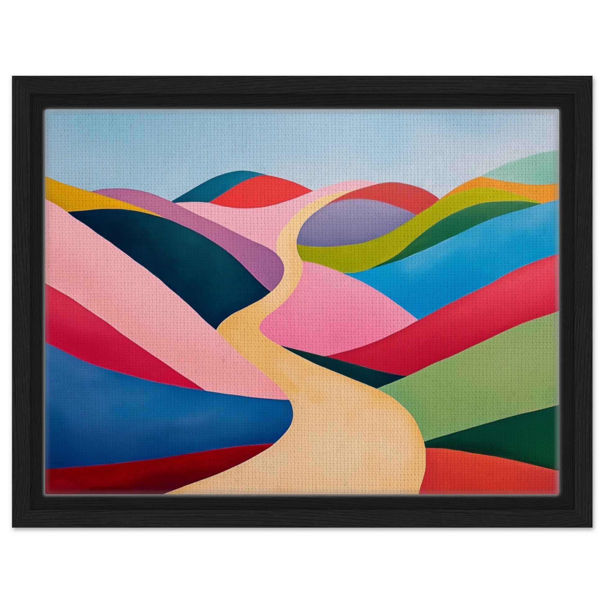Gerahmte Leinwand „Surreale Hügel“, schwarzer Rahmen, 30 × 40 cm, mit surrealen bunten Hügeln in Pink, Rot, Blau und Grün