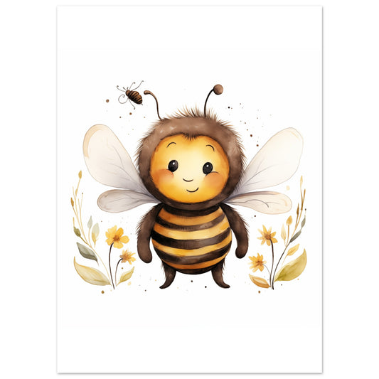 Poster „Biene Benny“ mit freundliche gelb schwarze Cartoonbiene mit weißen Flügeln und kleinen Blüten, Format 13 × 18 cm