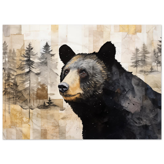 „Wächter des Waldes“ als Poster mit schwarzem Bär vor hellem Nadelwald, 13x18 cm