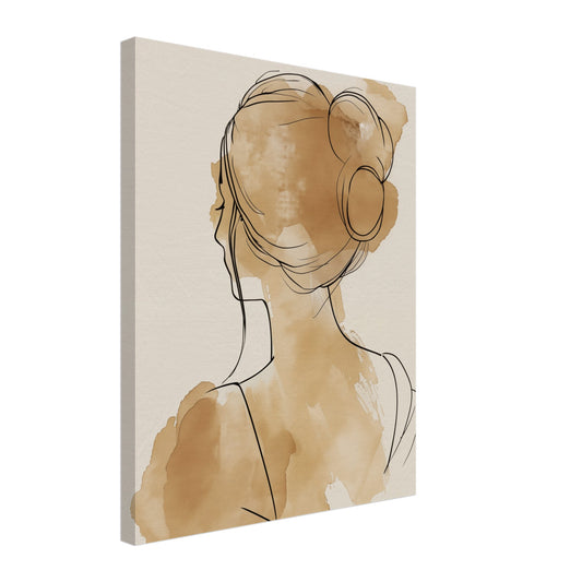Leinwand „Goldene Reflexion“ mit minimalistisches Frauenprofil von hinten mit Haarknoten in Beige und warmem Ocker, 40x50 cm
