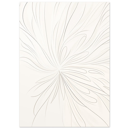 Poster „Feathery Lines“ mit feine botanische Linienzeichnung einer Blüte in warmem Beige auf hellem Grund, 13x18 cm
