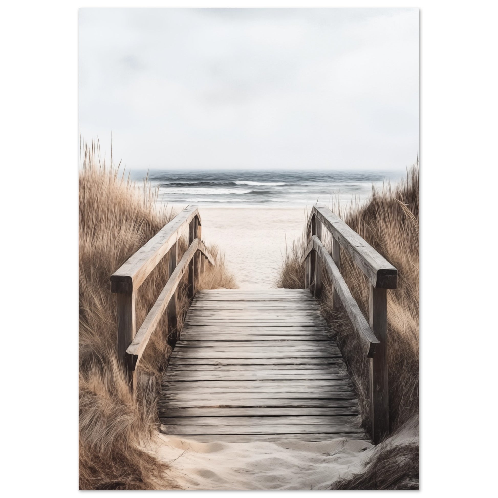 Wandbild „Holzsteg am Strand“ mit Holzsteg durch helle Dünen und Gräser zum ruhigen Meer, A4 21x29.7 cm