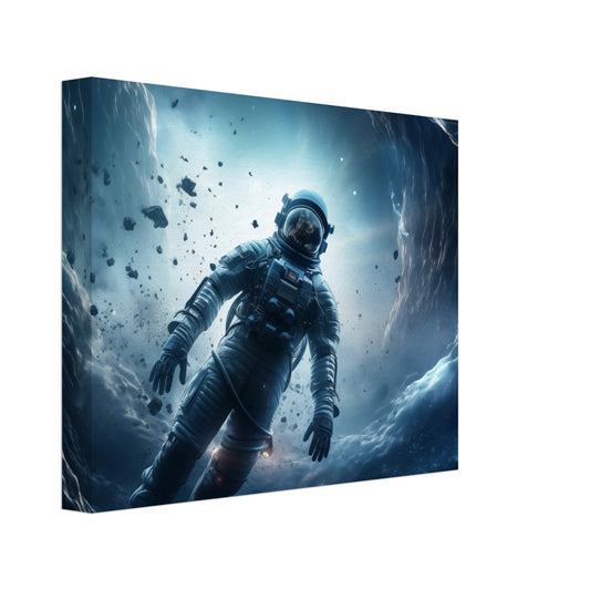 Leinwand „Astronaut's Odyssey“ mit schwebendem Astronauten in blau leuchtendem kosmischem Wirbel, 20 × 25 cm