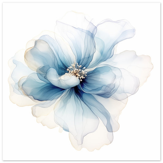 Poster „Aquarellblüte in Blau“ mit blauer Aquarellblüte mit weichen transparenten Blütenblättern, 25 × 25 cm