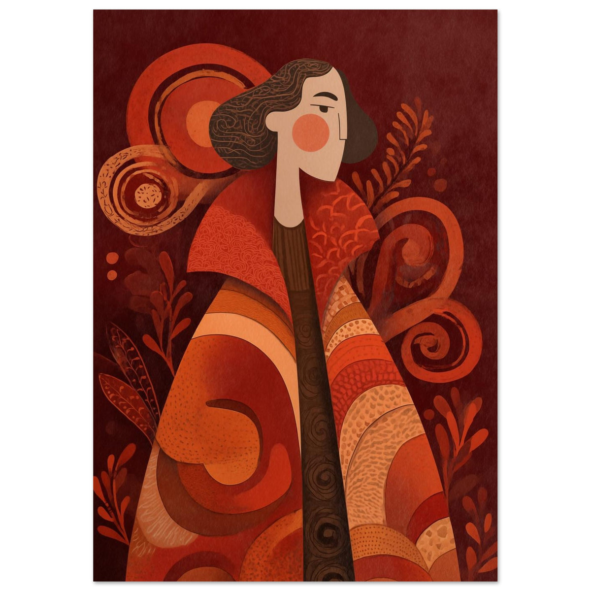Wandbild „Abstraktes Porträt in Erdtönen“ mit stilisiertem Frauenporträt in Orange, Rost und Creme, 21 × 29,7 cm
