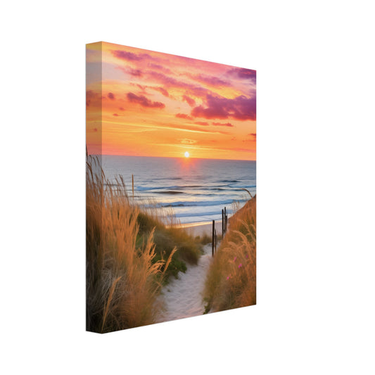 Leinwand „Dünenpfad“ mit Dünenpfad zum Meer unter rosa-orangefarbenem Sonnenuntergang, 20x25 cm