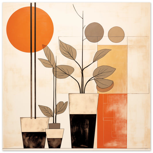 Poster „Silhouetten im Sonnenuntergang“ mit geometrischer botanischer Komposition mit orangefarbener Sonne, 25x25 cm