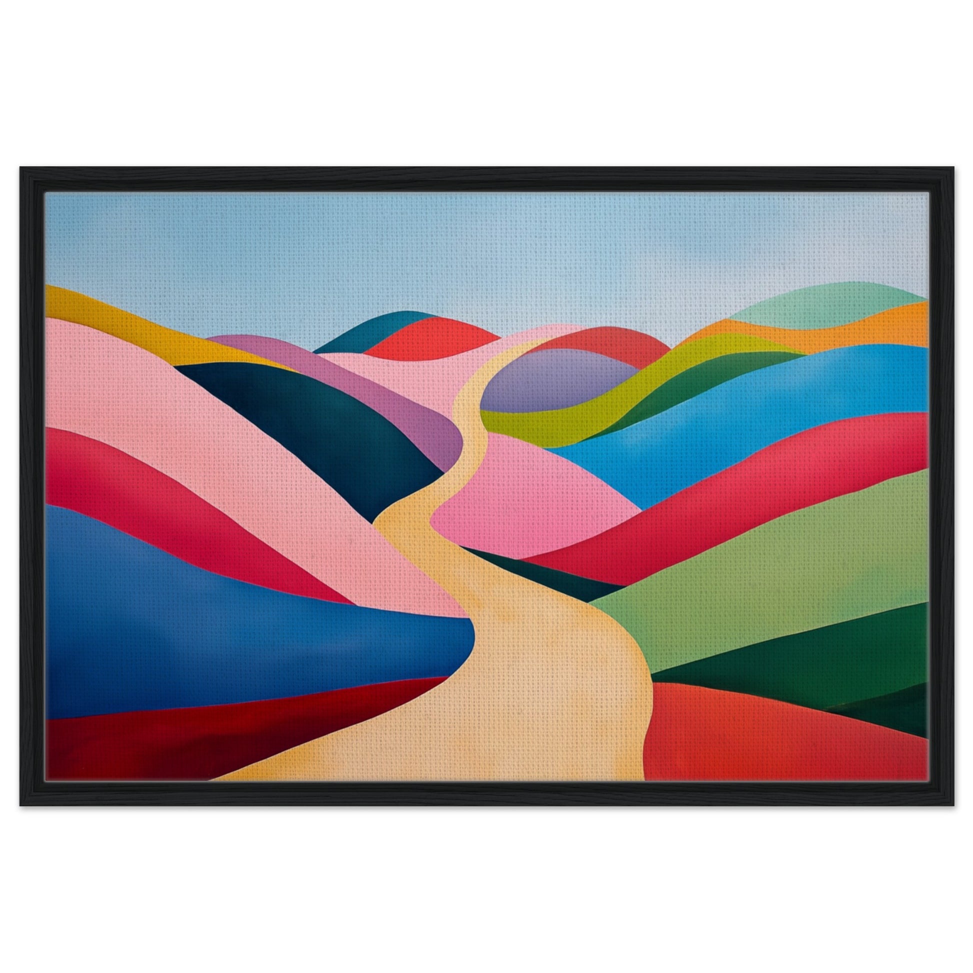 Gerahmte Leinwand „Surreale Hügel“, schwarzer Rahmen, 60 × 90 cm, mit surrealen bunten Hügeln in Pink, Rot, Blau und Grün