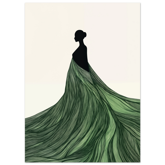 Poster „Naturgewand“ mit Frauenkleid, das in grüne fließende Naturformen übergeht, 13x18 cm