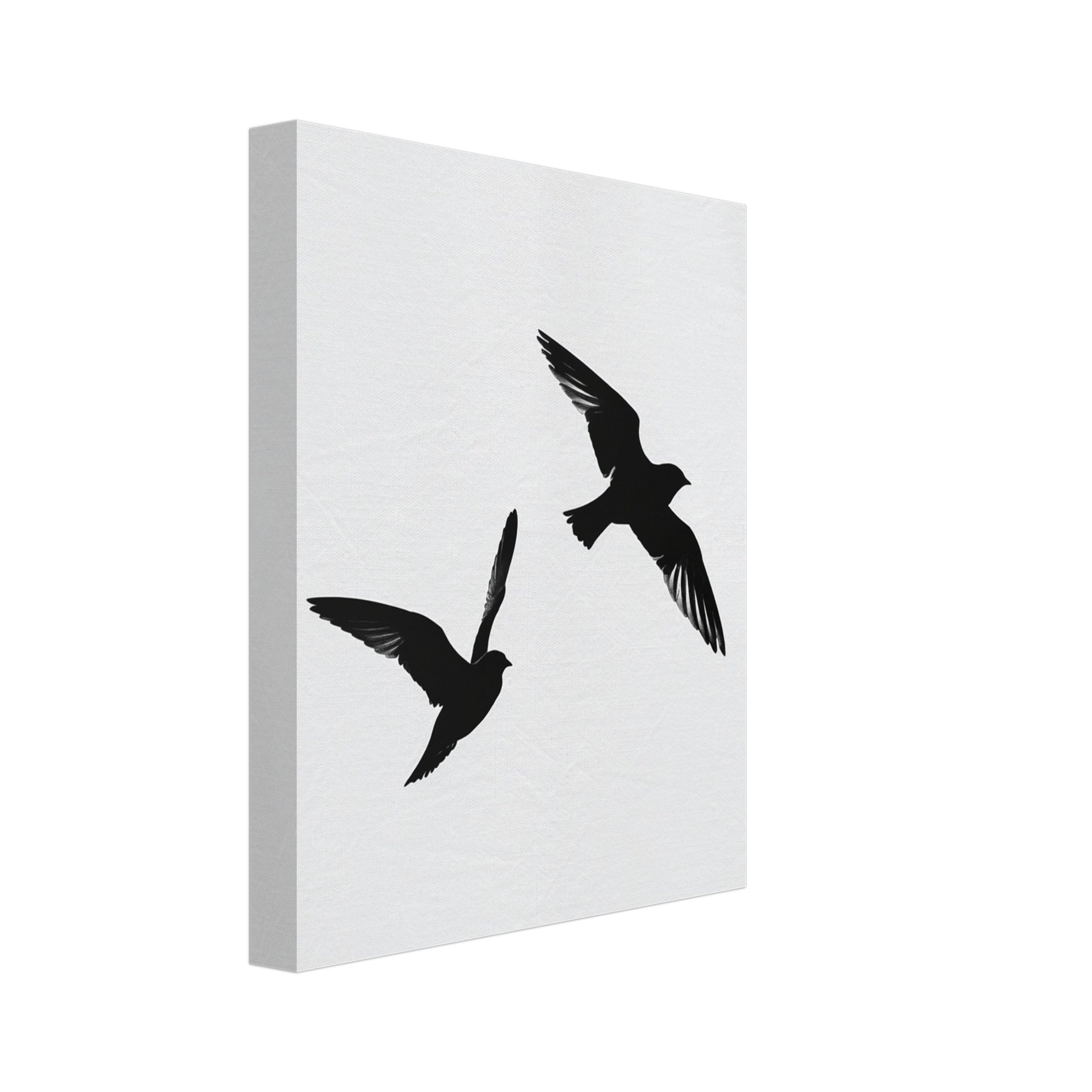 Leinwand „Silhouetten der Freiheit“ mit zwei fliegenden schwarzen Vögeln als reduzierte Silhouetten, 20x25 cm