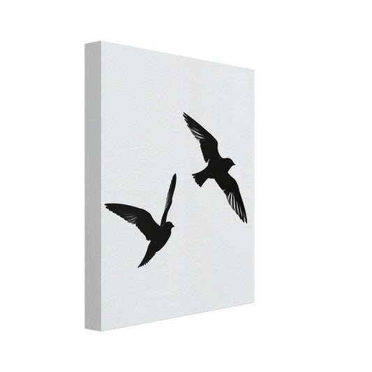 Leinwand „Silhouetten der Freiheit“ mit zwei fliegenden schwarzen Vögeln als reduzierte Silhouetten, 20x25 cm
