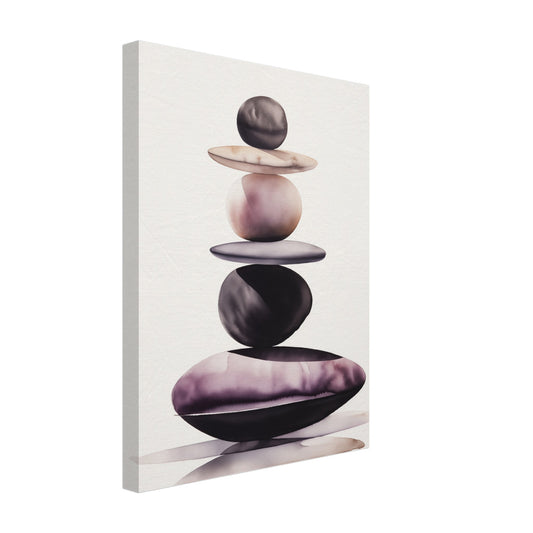 Leinwand „Balance der Formen“ mit gestapelten organischen Steinen in Schwarz, Taupe und Altrosa, 30 × 40 cm