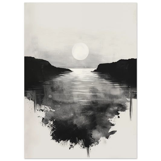 Poster „Mondnacht am See“ mit monochrome Seenlandschaft mit hellem Mond und Spiegelung im Wasser, 13x18 cm
