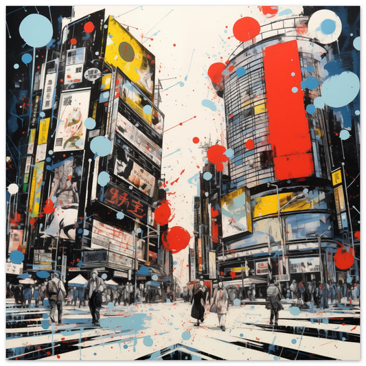 Poster „Pulsierendes Shibuya“ mit Shibuya-Kreuzung in Tokio mit roten und gelben Farbakzenten, 25x25 cm