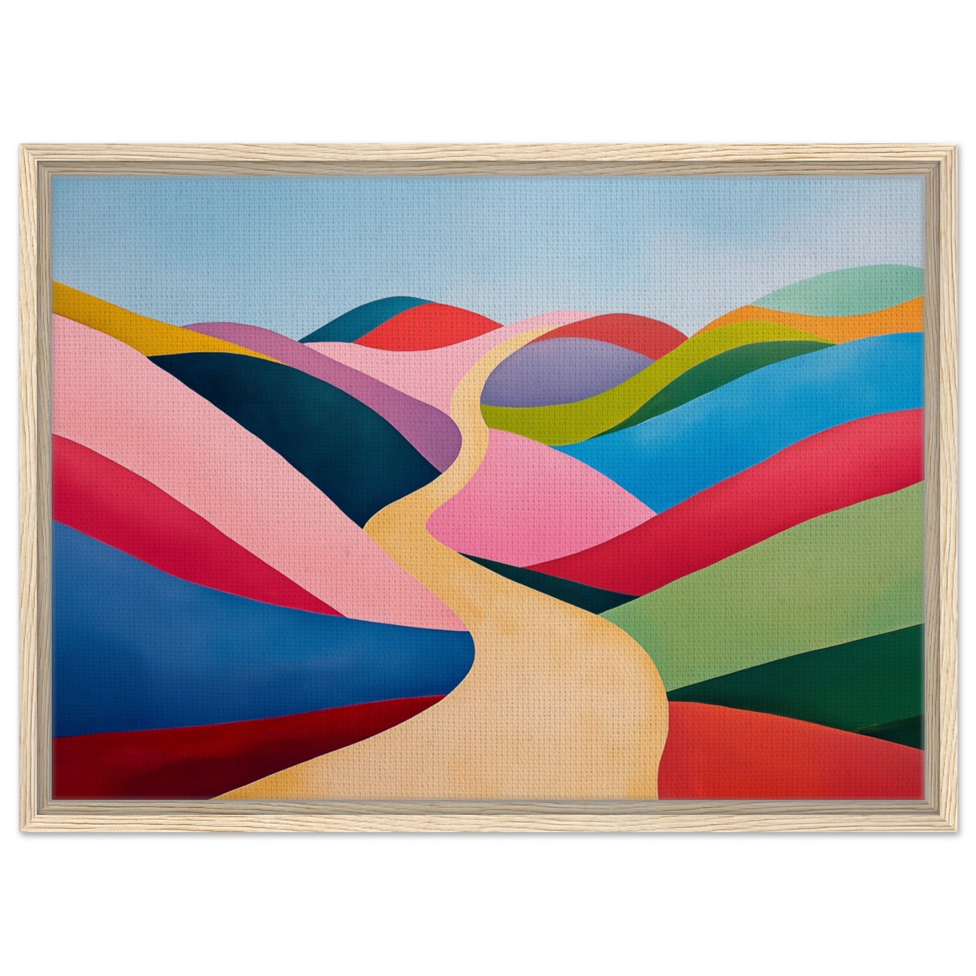 Gerahmte Leinwand „Surreale Hügel“, heller Holzrahmen, 50 × 70 cm, mit surrealen bunten Hügeln in Pink, Rot, Blau und Grün