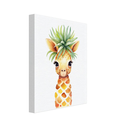 Leinwand „Gigi die Giraffenananas“ mit niedliche Giraffe mit Ananas-Körper und grüner Blätterkrone, 20x25 cm